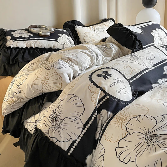 Home Textile French Vintage 3/4PC Washed Cotton Black White Ruffle Duvet Cover Flat Sheet With Pillowcase  For Girls Bedding Set