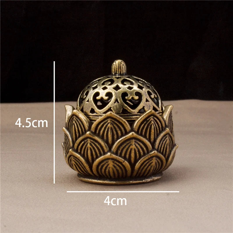 Retro Copper Small Lotus Hollow Out Incense Stick Burner Brass Incense com capa Decoração de Sandalwood Censer