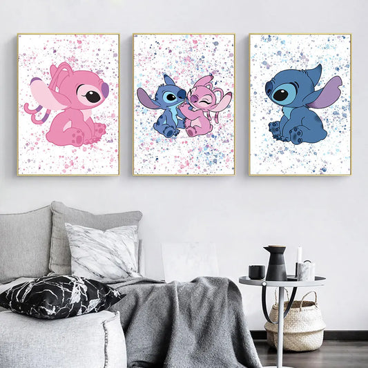 Lilo y puntadas estampados de acuarela de puntada Puntatación de lona de costura Imagen de arte azul y rosa para niños Decoración de regalos de Navidad