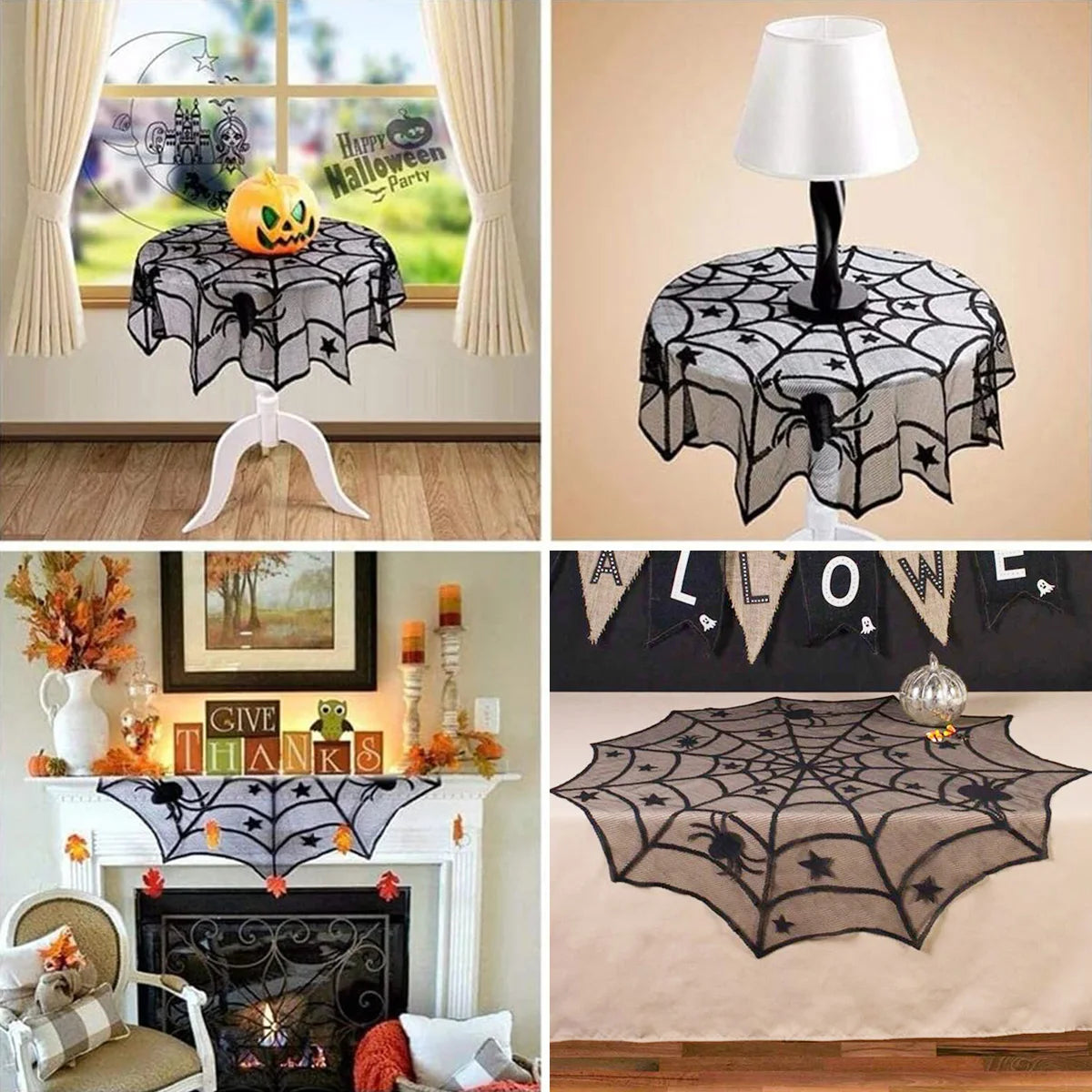 Halloween Black Lace Placemat Happy Halloween Party Decorations 2024 For Home Spider Web Tablecloth Kitchen Dining Table Covers