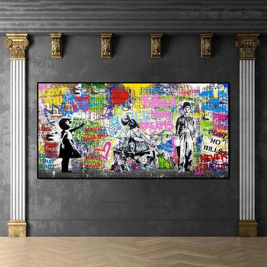 Banksy Street Art Graffiti Urban Wall Art Balloon Girl Canvas Pintura de lienzo de gran tamaño y estampados para la sala de estar Decoración del hogar