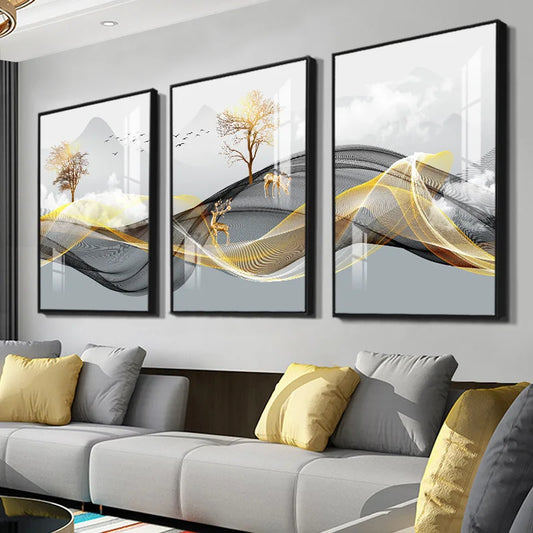 3 Pieces Nordic Luxury Ribbon Abstract Landscape Wall Art Canvas Paintings Modern Gold Deer Poster Print Picture for Home Decor