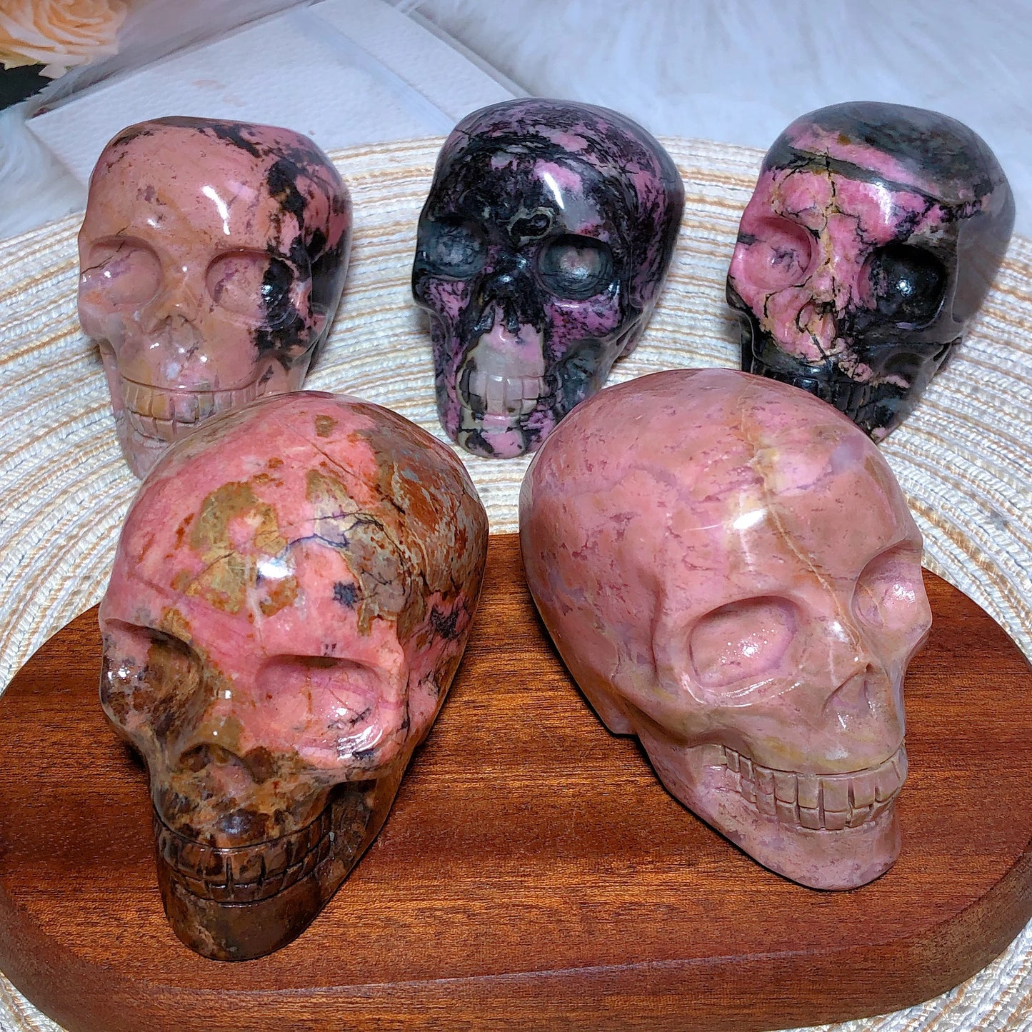 Natural Crystal Rhodonite With Black Tourmaline Skull Painting Colorful Polished Energy Wholesale Home Decoration