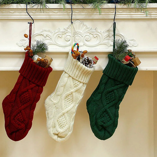 1Pcs Wool Knitted Christmas Stocking Diamond Stripes Crochet Gift Bags Santa Elk Socks Christmas Tree Fireplace Hanging Decorate