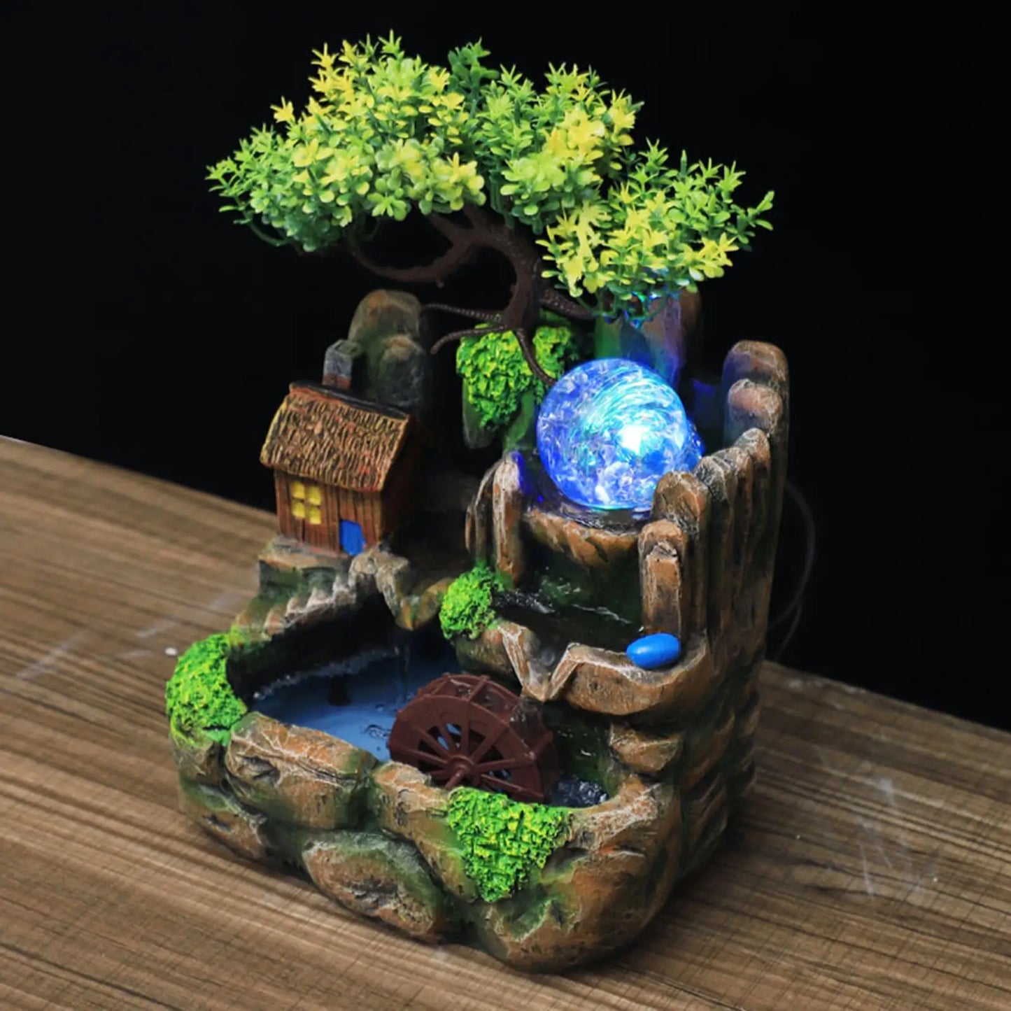 Fuente de la cascada de resina Rockery con LED Rocas iluminadas Crafts Regalo humidificador para la habitación de la sala de estar en casa y interior