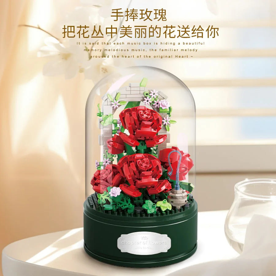 Rose Sunflower Eternal Flower Series Music Box che assembla mini particelle Building Building Decoration Model Children Girl Regali