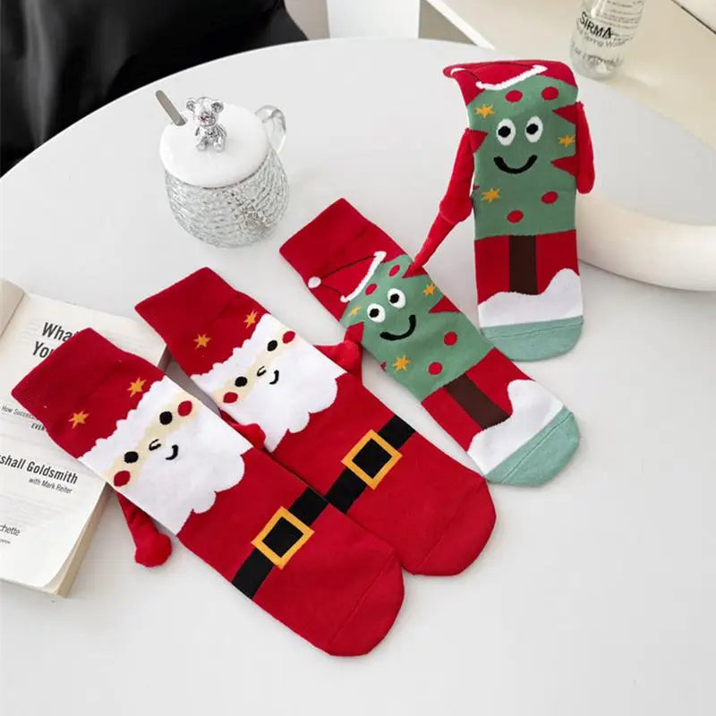 Christmas Magnetic Suction Hand In Hand Socks Unisex Holding Hands Long Socks Cute Santa Claus Christmas Tree Cotton Stockings