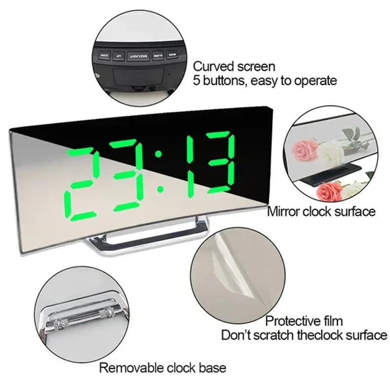 Miroir à écran courbe LED Corloge numérique créative Création d'alarme numérique avec grand affichage USB Charge de cheminée Propulted Table Clock