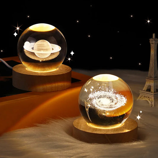 6/8cm 3D Crystal Ball Astronomy Solar System Planets Moon Astronaut USB LED Night Light Balls Snow Glass Globe Home Decoration