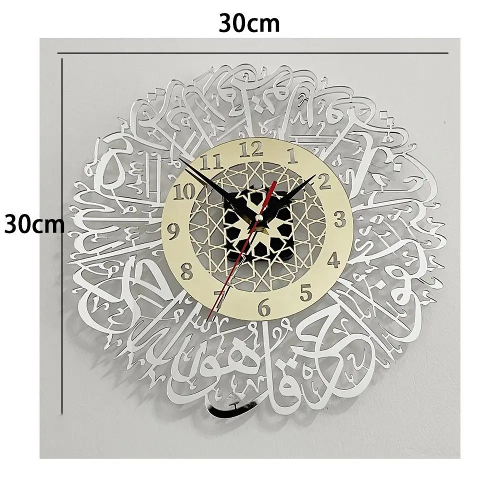 أكريليك سورة الإخلاص ساعة حائط الخط الإسلامي عيد ديكور ساعة حائط أكريليك مرآة ساعة ديكور ثلاثية الأبعاد كوارتز صامت