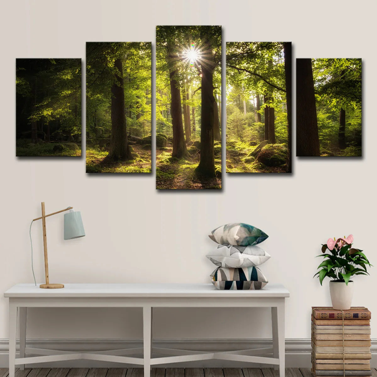 5 panel por la mañana sol por el bosque HD Fotografías Pintura de lienzo Póster de paisaje natural Soleado para la decoración de la sala de estar