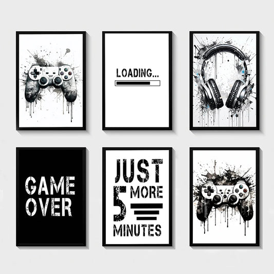 Black White Game Controlador de arte de pared Carteles y estampados Pinturas de lienzo Imágenes murales para jugadores de juegos de decoración de la sala de juegos