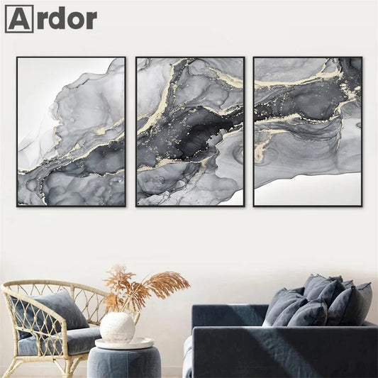 Carteles de mármol gris negro de oro negro Pintura de lienzo moderna nórdica abstracta arte de pared impresa sala de estar decoración interior del hogar