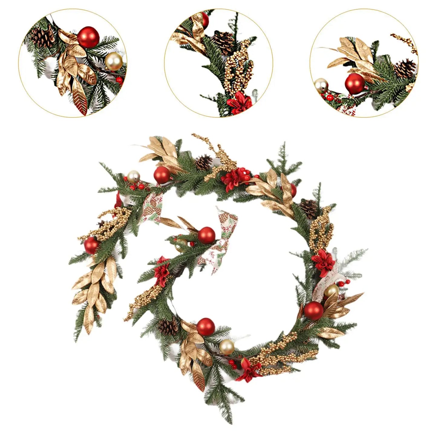 180cm Christmas Garland Decorative with Pinecones, Red Berries Xmas Decoration for Porch Living Room Farmhouse Stairs Hallway