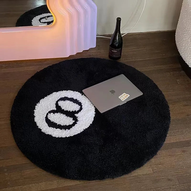 Cute Retro Black Carpet Round Tufting Super Soft Chair Floor Mat Anti-Slip Bath Mat Hip Hop Rug Simulation Billiards 8 Ball Rug