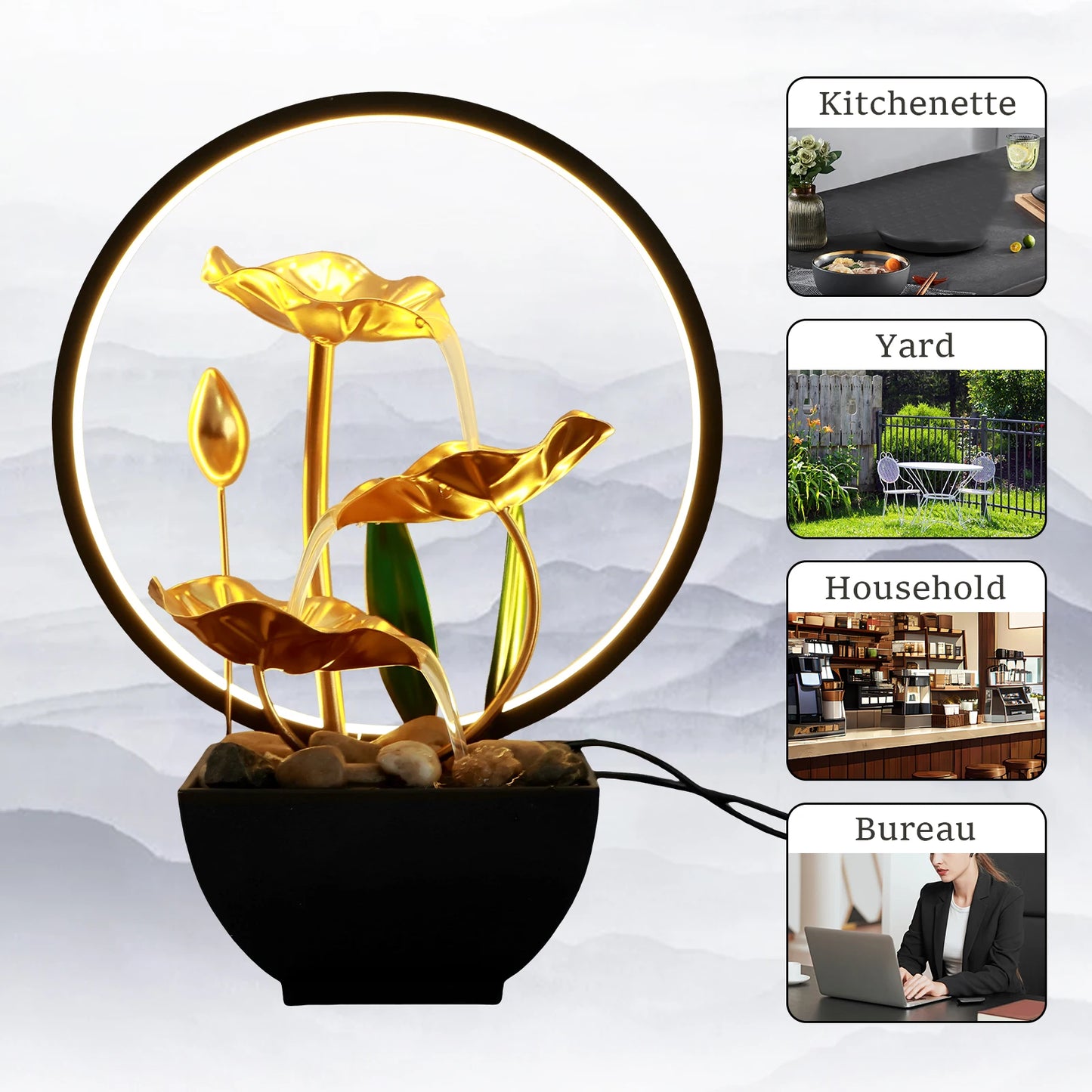 Fonte de água da mesa Fonte de mesa usb alimentada com rochas naturais e luminárias de luminárias LED Fonte da cachoeira para casa para casa