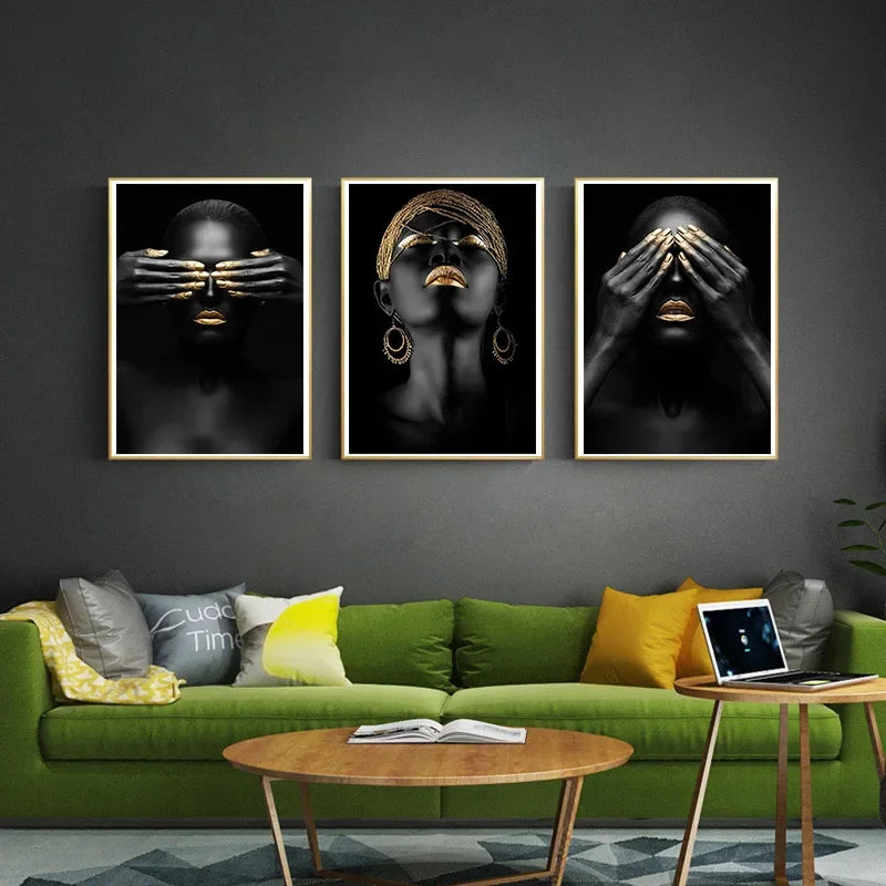 Arte de pared pop moderno africano negro y dorado Moda HD lienzo hd estampados de carteles de la sala de estar de dormitorio en el hogar regalos de decoración