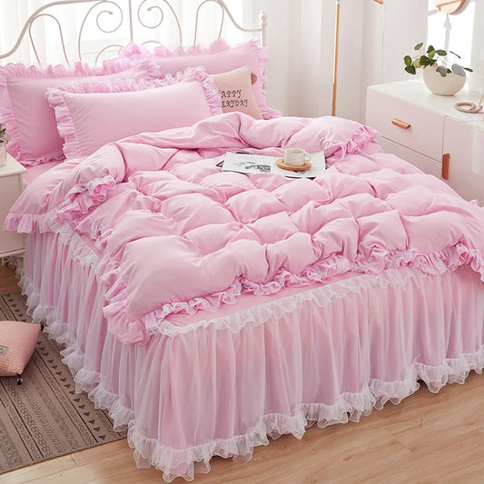 Princess Girl Pink Bedding Skirt Sheet With Lace Korean Solid Color Bed Cover Pillowcase Decor Bedroom Wedding Couple Bedclothes