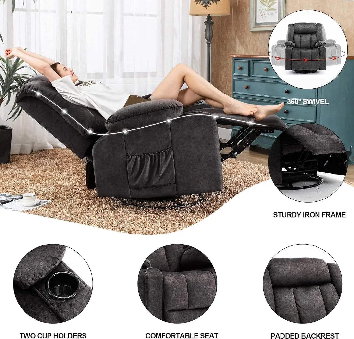 Recliner Chair Massage Rocker with Heated 360 Degree Swivel Lazy Boy Recliner Single Sofa Seat with Cup Holders for Living Room