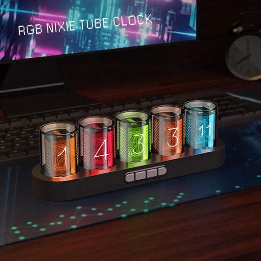 ساعة أنبوبية رقمية Nixie مع أضواء LED RGB لتزيين سطح المكتب في غرفة الألعاب. تغليف صندوق فاخر لفكرة الهدية.