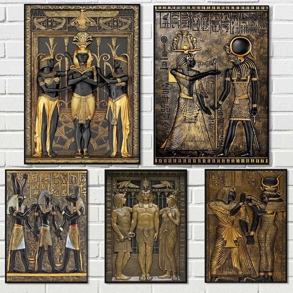 Black Golden Ancient Egipcy Art Poster Impresiones para decoración de la sala de estar 3d Visual Efecto visual Pharaoh Canvas Pintura Arte de pared