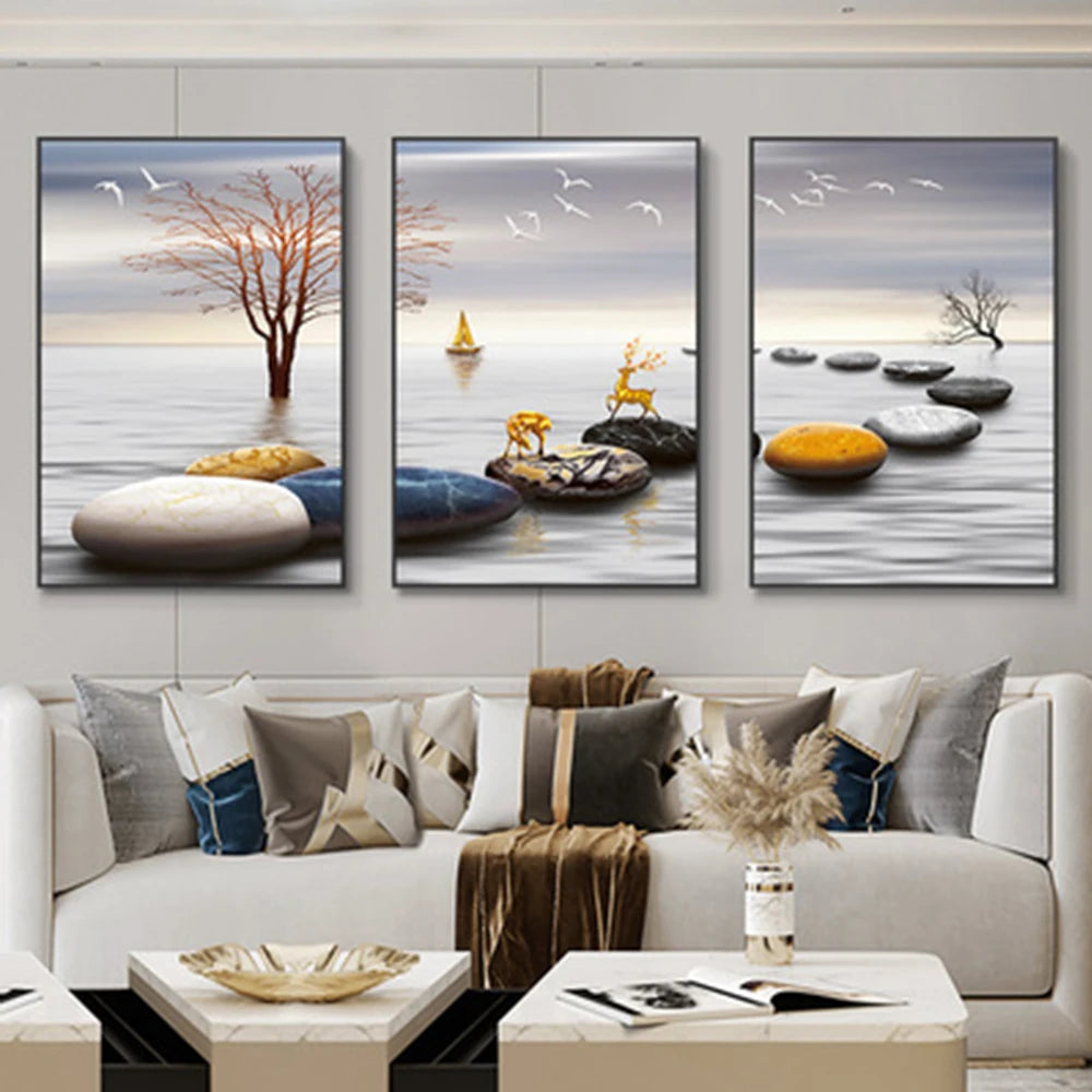3 Pieces Nordic Luxury Ribbon Abstract Landscape Wall Art Canvas Paintings Modern Gold Deer Poster Print Picture for Home Decor