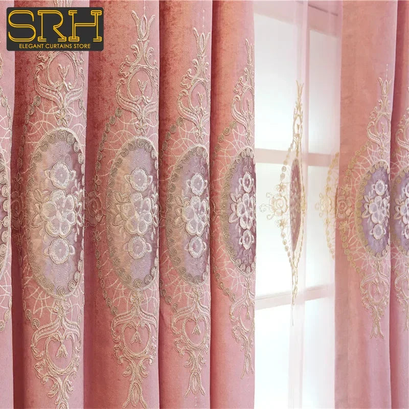 European High-end Chenille Curtains for Living Room Bedroom Window Valance Embroidery Fresh Pink Decor Custom Elegant Lace Tulle