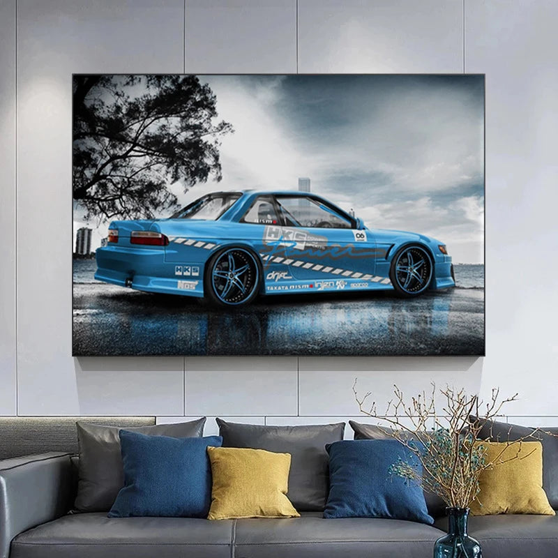 Nissan Blue Nissan Silvia S13 Drift Low Liting Pneumatic JDM Sports Sports Car Poster Print Printing Wall Home Decoração da sala