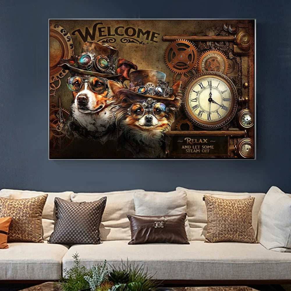 Nuevo steampunk 3d metal arte de arte steampunk de bienvenida signo dog gato animal lienzo de la sala de estar del fondo del hogar decoración del hogar