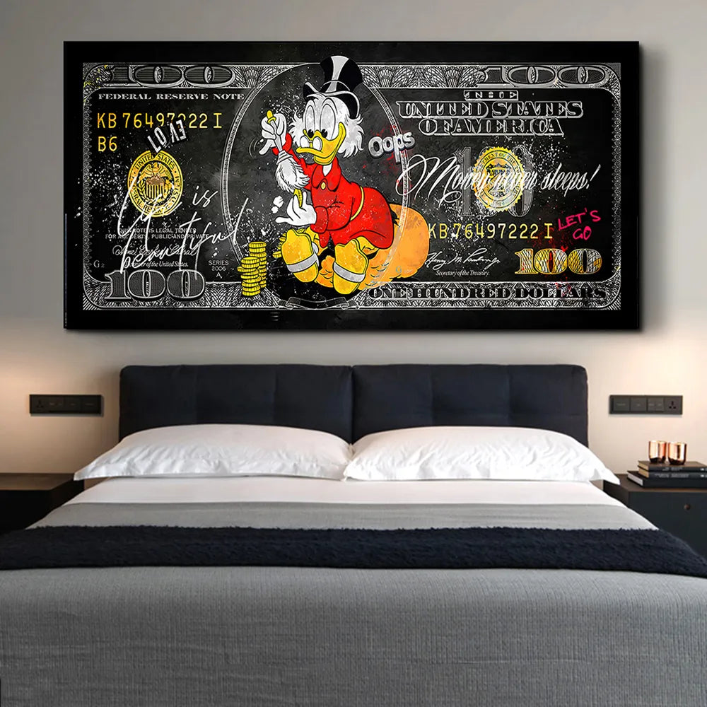Scrooge McDuck 100 Dollars Pop Art Canvas Posters and Prints Modern Money Graffiti Art Paintings on the Wall Art Pictures Cuadro