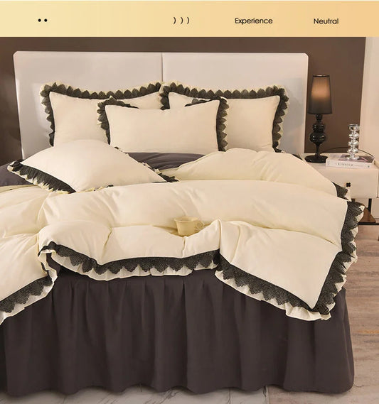 Set di biancheria da letto in pizzo francese set di copripiumino in stile principessa gonna di lettiere a colori solidi di lusso per ragazze 4 pezzi tessili da casa