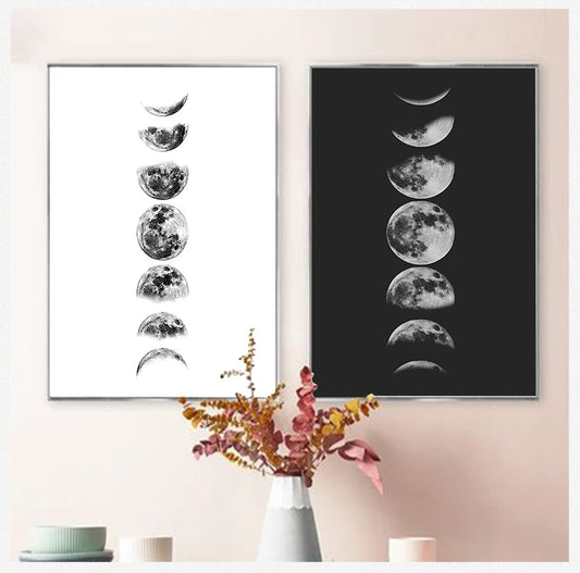 Blanc Moon Phases Pain d'espace La Luna Pictures Home Mall Art Decor Lune Phases Wall Art Toile Princement Princement, noir et