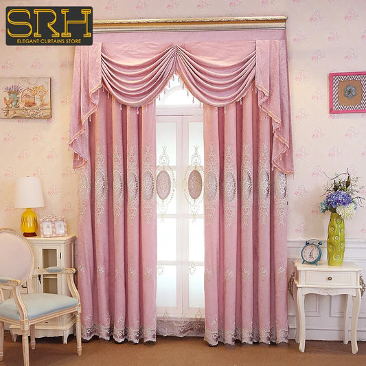 European High-end Chenille Curtains for Living Room Bedroom Window Valance Embroidery Fresh Pink Decor Custom Elegant Lace Tulle