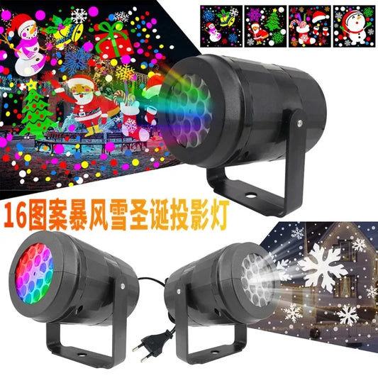 LED Christmas Projector Lights 16 Pattern Snowflakes Christmas Blizzard Rotating Decoration Atmosphere Holiday Laser Stage Light