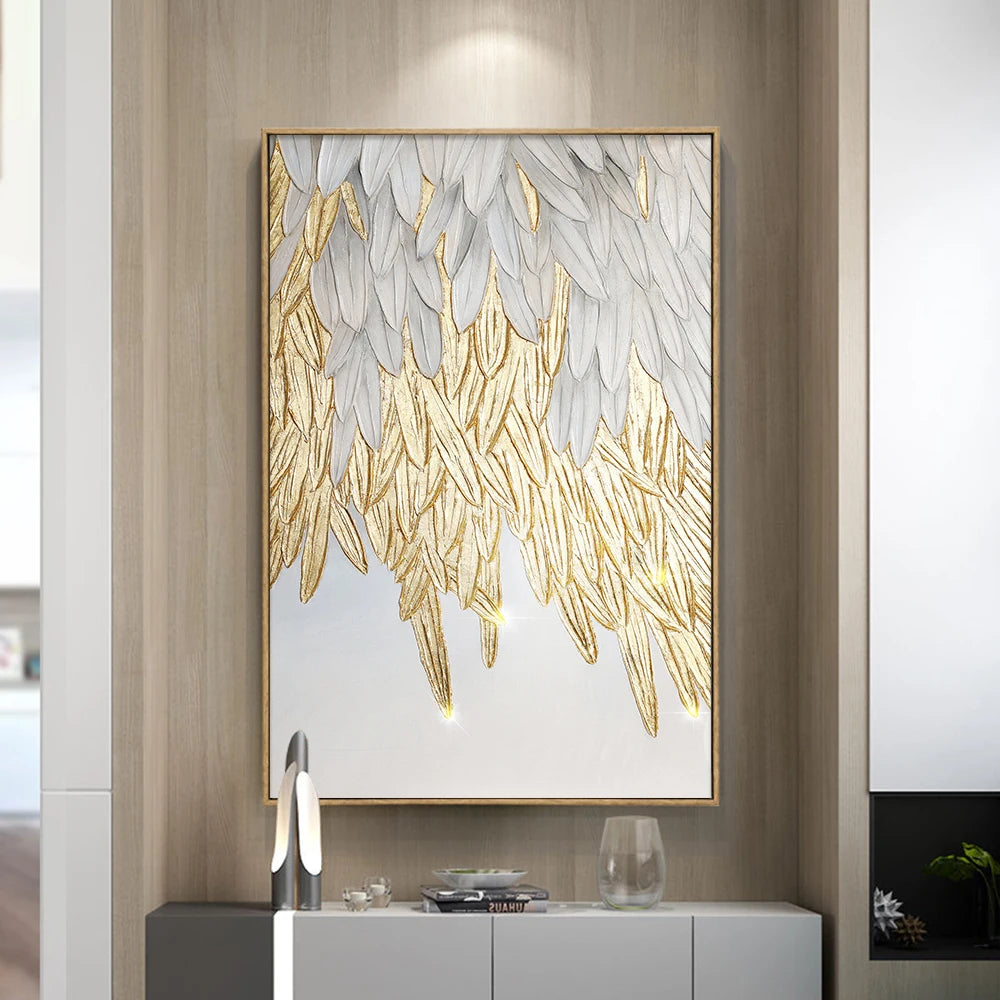 Wit goud veren bladschilderen grote luxe muur kunst canvas poster print abstracte foto voor woonkamer woningdecor cuadros