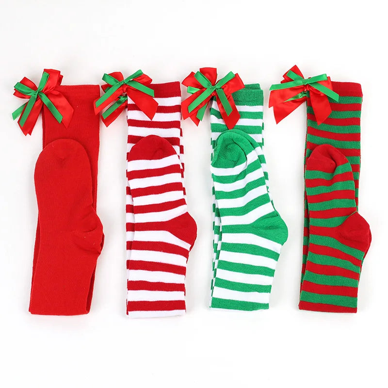 Christmas Green Red Stocking Striped Over The Knee Bowknot Long Socks Chirstmas Gift Elf Santa Socks