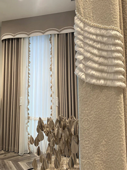Luxurious French Curtain Romantic Living Room Curtains with Gauze Thickened Beige Gray Bedroom Curtain Embossed Chenille Curtain