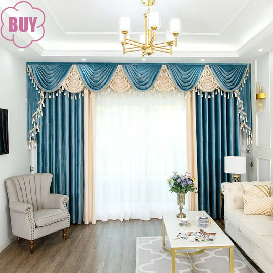 European-style Curtains For Living Dining Room Bedroom Solid Color Stitching Blackout Velvet Villa Curtain Valance Window