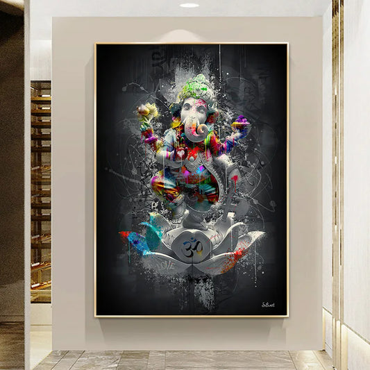 Hindu Elephant God Canvas Pintura Abstract Religion Ganesha Llotus Wall Posters and Prints Graffiti Imagen Home DeoCr no Frame