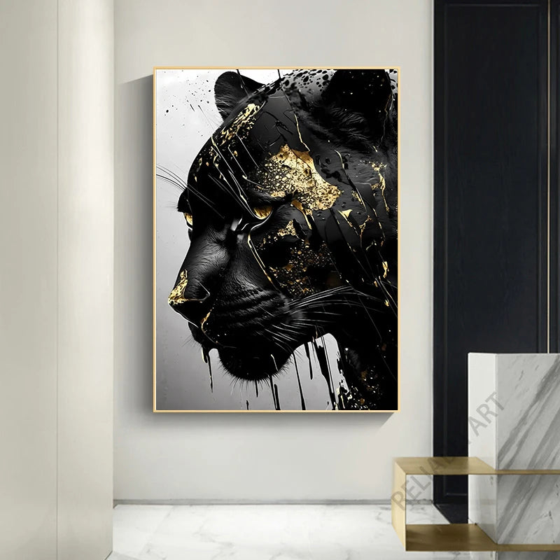 Pantera negra abstracta con lienzo de textura dorada Pintura de carteles de animales negros y dorados para la decoración de la sala de estar Cuadros