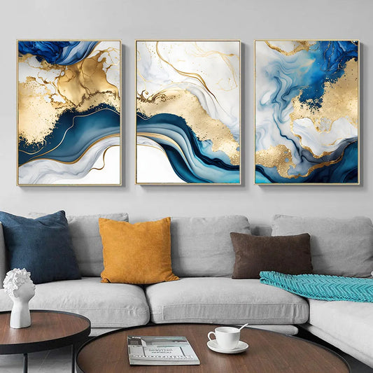 Moderne abstrakte Gold Blue Marmor Wandkunst Poster Leinwand Malerei Drucke Bilder Schlafzimmer Wohnzimmer Innenraum Home Dekoration