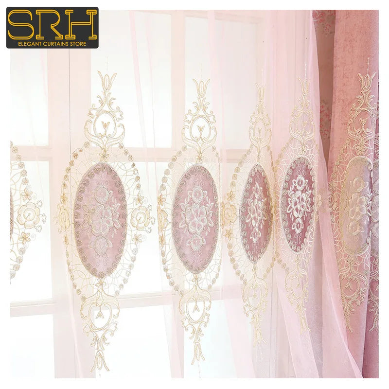 European High-end Chenille Curtains for Living Room Bedroom Window Valance Embroidery Fresh Pink Decor Custom Elegant Lace Tulle