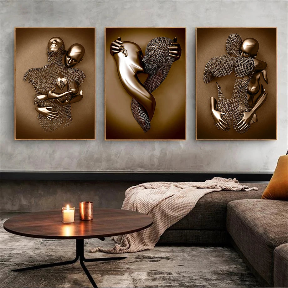 Metal Figure Statue Posters Print Romantic Abstract Lovers Canvas Paintings Wall Art Pictures for Room Home Decoration