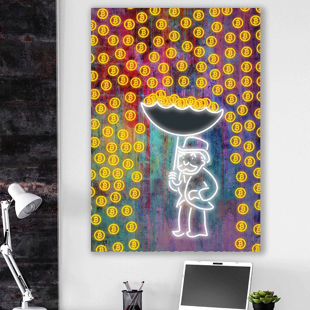 Bitcoin Wall Art Poster Impresiones Graffiti Alex con Umbrella Canvas Pintura Imagen Amantes criptográficos para la sala de estar Decoración del hogar