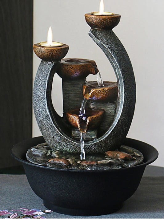 Multifunction Indoor Water Fountain & Candle Holders With LED Lights Three Tier Soothing Cascading Tabletop Fountains With Rocks