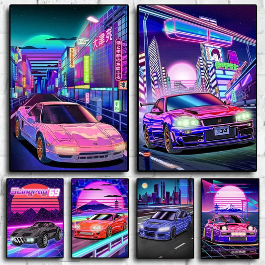 80 Japan Street Car Racing Neon Wall Art Decoración del hogar Pintura Kawaii Room Decoración Pintura de pared Carteles de lona Pintura