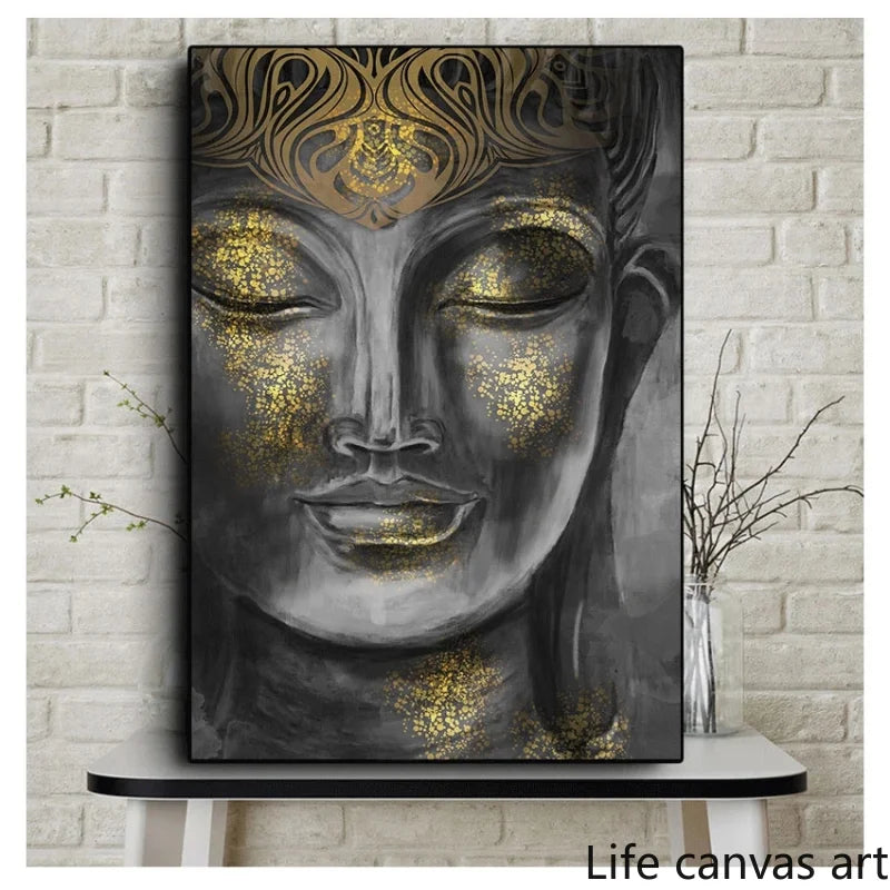 Resumen Retro Retro Golden Buda Estatua Figura de retrato Arte Arte Canvas Pintura Impresiones de pared para sala de estar Decoración del hogar