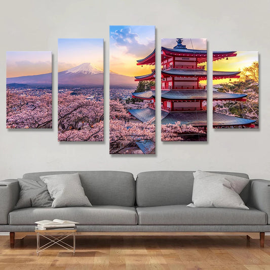 5 paneles estilo japonés Monte Fuji Pintura Pintura Fotos de pared Carteles de paisaje para la sala de estar para la sala de estar Decoración de la sala de estar