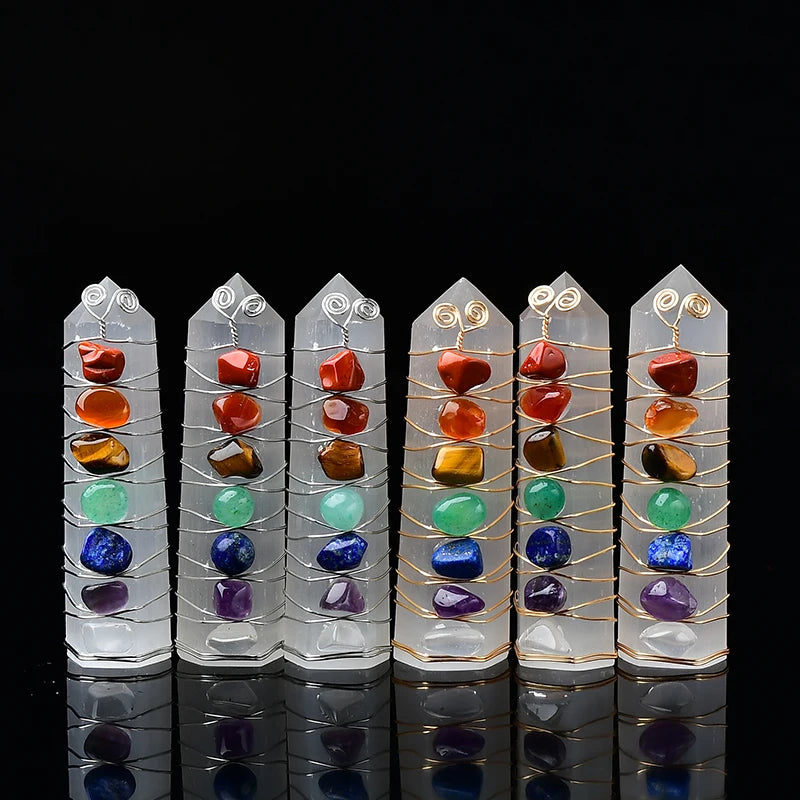 1 pc Natural Selenite Point Seven Chakras Healing Stone Obelisk Quartz Wand Tower Ornament for Home Decor Energy Stone Pyramid