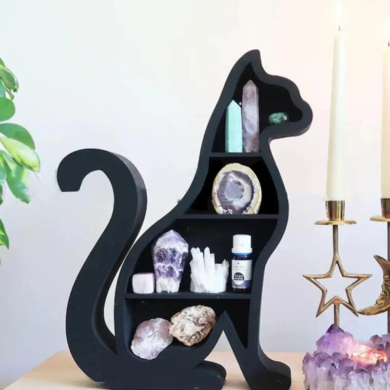 Zwarte kat vorm kristal plank display staande rek zonsopgangen sieraden cosmetica stationaire potten essentials houder huisdecoratie